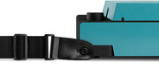 Close-up of the black shoulder strap with its black leather attachment tab on the black base of the blue record player.