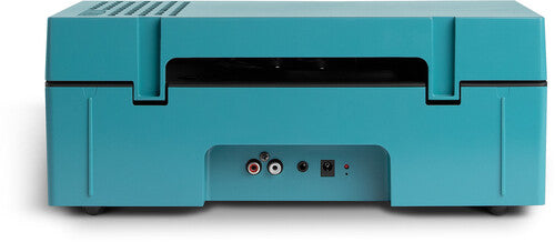 Rear panel of the blue record player showing red and white RCA output jacks, a power input, and a small indicator light.
