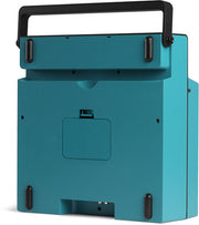 Back of the closed blue record player showing the black carry handle and a flat rear panel with a latch.