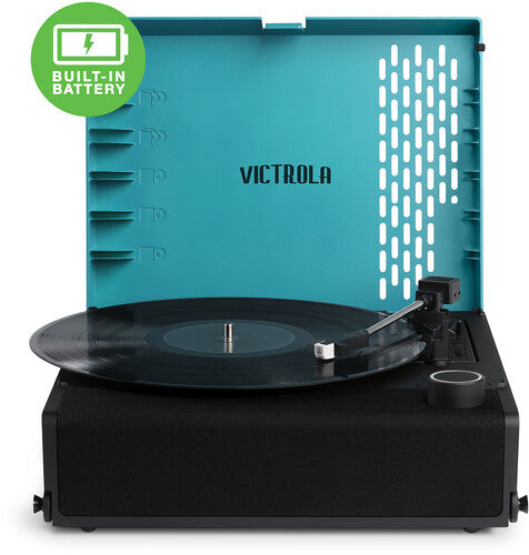 Blue and black portable record player with its lid open, featuring the Victrola name with the text 'VICTROLA' in black on the lid and a black record on the platter.