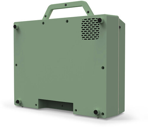 Back of closed basil green suitcase record player showing a round vented speaker grille and a cream carry handle on top.