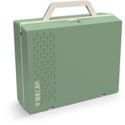 Side view of closed basil green suitcase record player with a cream carry handle on top and vertical cream 'VICTROLA' text on the side.