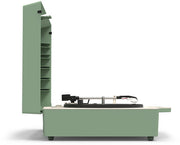 Side view of basil green Victrola suitcase record player with lid raised, showing built-in record storage shelves and the turntable in the base.