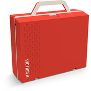 Angled view of the closed red suitcase record player with a white carry handle and the text 'VICTROLA' in white running up the side.