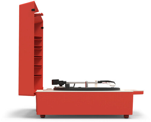 Side view of an open red suitcase record player with its lid raised, showing the vertical record storage shelves and the turntable with tonearm.