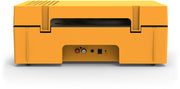 Rear panel of the orange Victrola Revolution GO showing red and white RCA audio jacks, a black audio jack, and a small power port.