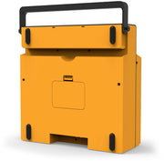 Back view of the orange Victrola Revolution GO case with a black carry handle and a recessed access cover on the rear panel.