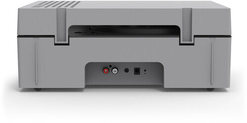 Rear of gray portable record player showing red and white audio input jacks, a headphone jack, and a power port