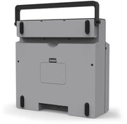 Back of gray portable record player showing black carrying handle and a small rectangular access panel on the rear