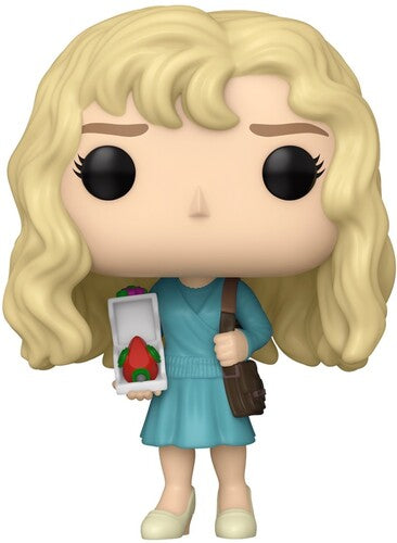 Teal Funko Pop! vinyl figure of Vicki Vale featuring curly blonde hair, a teal dress, a brown shoulder bag, and a bouquet of red roses.