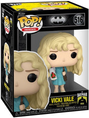 Front of the Vicki Vale Funko Pop! box showing figure in a clear window, with the title 'VICKI VALE' and the Batman logo printed on the packaging.