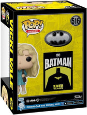 Side of the Vicki Vale Funko Pop! box showing the Batman 85 Years logo, the Pop! number 516, and a banner to download the Funko app.