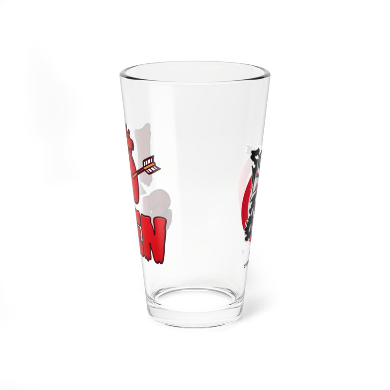 Side view of the I Heart Sven pint glass showing red SVEN lettering and part of the heart on one side and the black-and-white Svengoolie face logo on the other.