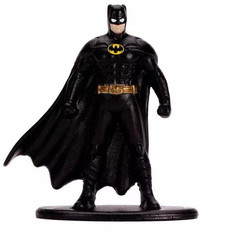 Batman figure from the Jada Toys set in a black suit with a yellow bat emblem and gold belt on a round base
