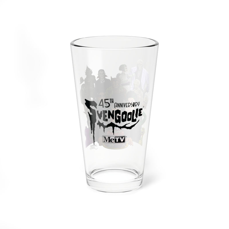 Reverse side of the Svengoolie pint glass showing the black '45th Anniversary' and 'Svengoolie' logo with the MeTV logo below.