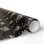 Rolled end of Svengoolie wrapping paper showing the repeating face logo pattern in cream, red, and teal on black.