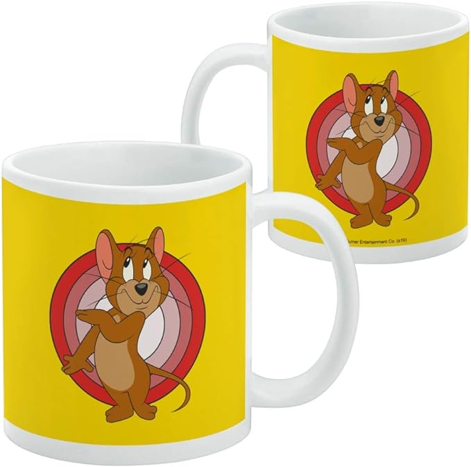 Side-by-side view of the Tom and Jerry Jerry mug, with Jerry on the front and a small Turner copyright line on the back.
