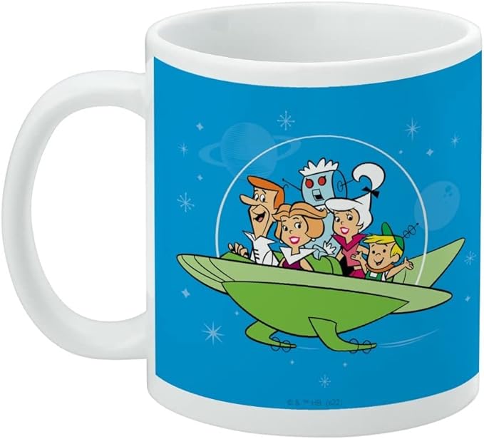 Left side of the Jetsons family mug showing the cartoon family riding the green flying car, with the handle on the left.
