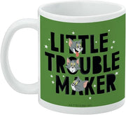 Left side of the green Tom and Jerry mug showing the same Tom faces and 'Little Trouble Maker' text, with small copyright text near the base.
