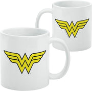 Two white Wonder Woman classic logo mugs side by side, each showing the yellow logo with a black outline on the front.