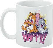 Left side of the white Tom and Jerry Happy mug, showing the same design with the text 'HAPPY!' in pink at the bottom.