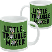Two green Tom and Jerry mugs side by side, showing the same 'Little Trouble Maker' design from the front and back.