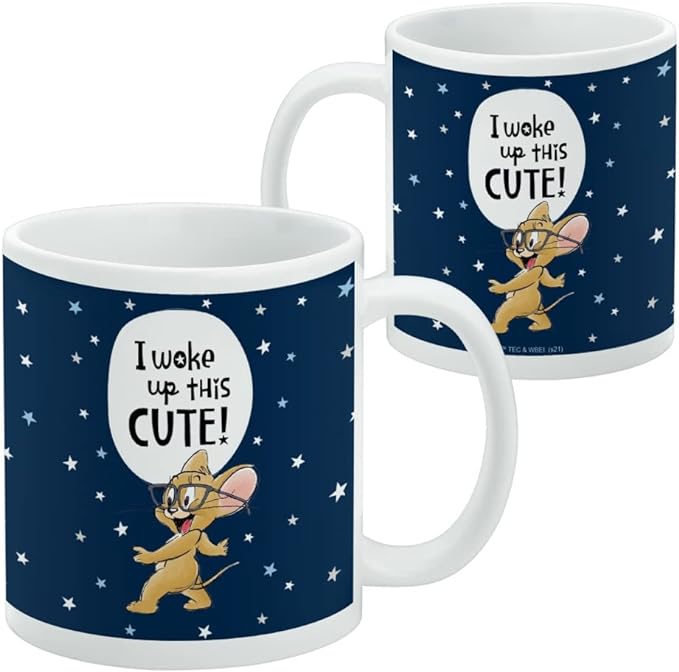 Front and back of the navy Tom and Jerry I Woke Up This Cute mug side by side, with the back showing a small copyright notice.