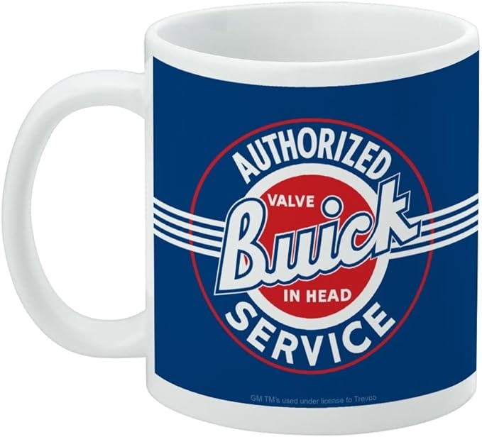 Left-side view of the blue mug with the handle on the left, showing the same Buick Authorized Service logo with the text 'Buick' in white script.
