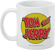 Left side of the white mug showing the Tom and Jerry logo with the text 'Tom and Jerry' in red over a yellow circle.