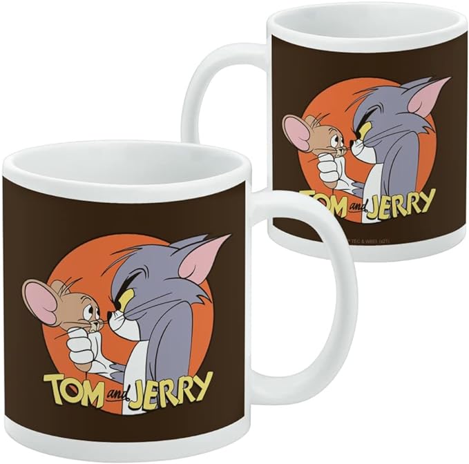 Two white ceramic mugs side by side showing the same Tom and Jerry design on brown background with the text 'TOM and JERRY' in yellow.