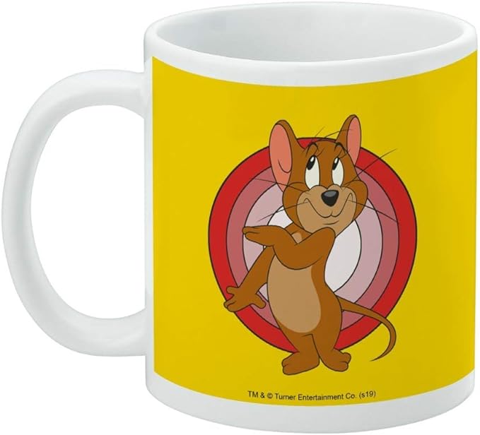 Front of the yellow Jerry mug, handle on the left, showing Jerry with a small Turner Entertainment copyright line at the bottom.