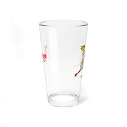 Other side view of the Svengoolie pint glass showing a red Svengoolie logo on the left and a yellow chicken beside partial white lettering on the right.