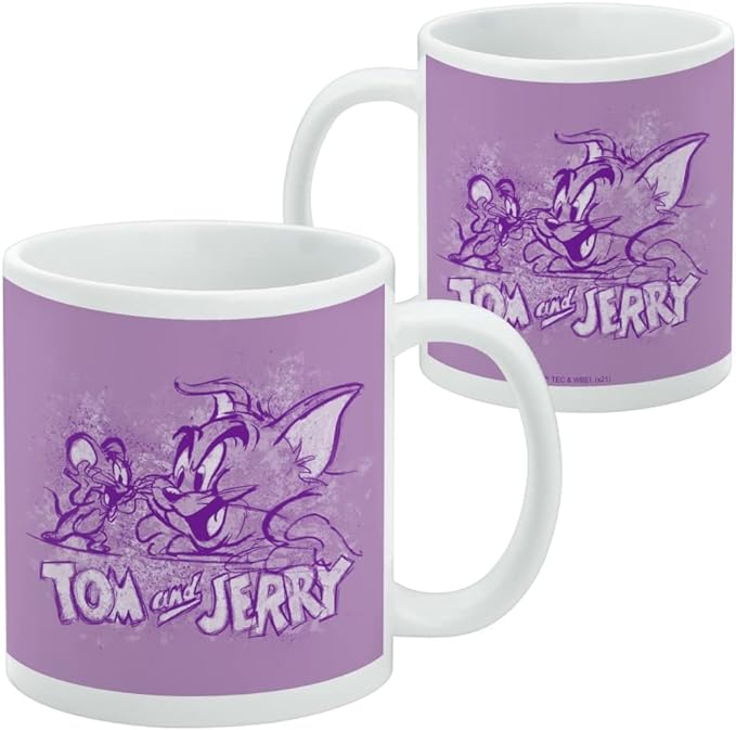 Front and back of the lavender-purple Tom and Jerry mug showing the same sketched Tom and Jerry design with the text 'Tom and Jerry' on each side.