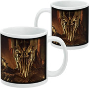 Two Sauron mugs side by side, with the right mug's back showing a small copyright line beneath the same helmet print.