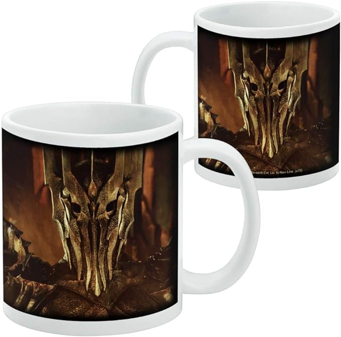 Two Sauron mugs side by side, with the right mug's back showing a small copyright line beneath the same helmet print.