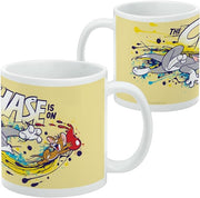 Front and back of the Tom and Jerry mug, with Jerry fleeing Tom on the front and Tom leaping over paint splatters with 'THE' above him on the back.