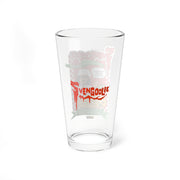 Back of the clear Svengoolie pint glass showing the pizza ad graphic in reverse, with a large red 'Svengoolie' logo across the center