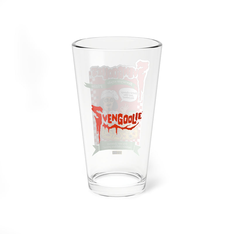 Back of the clear Svengoolie pint glass showing the pizza ad graphic in reverse, with a large red 'Svengoolie' logo across the center