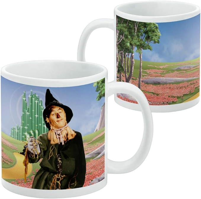 Front and back of the Scarecrow mug, showing the Scarecrow on one side and a tree-lined poppy field with a blue sky on the other.