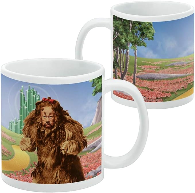 Front and reverse of the white mug showing the same Lion scene on one side and a tree-lined hill with red poppies and a yellow road on the other.