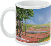 Left side of the white mug showing a tree-lined hill, red poppy field, and blue sky, with a small Warner Bros. copyright line at the bottom.