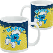 Front and back of the mug showing the same Happy Smurf design on one side and small licensing text and a Smurfs logo on the other.