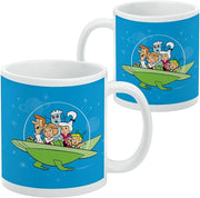 Two Jetsons family mugs side by side, with the right mug turned to show the same cartoon family and flying car design on its opposite side.