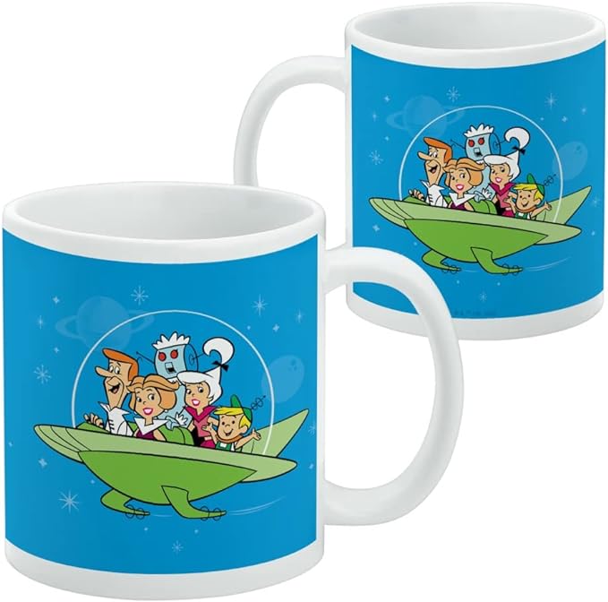 Two Jetsons family mugs side by side, with the right mug turned to show the same cartoon family and flying car design on its opposite side.
