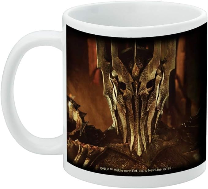 Left side view of the Sauron mug showing the helmet print and a small copyright line near the base.