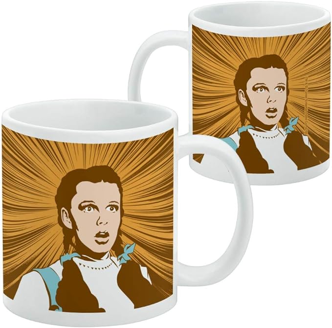 Front and back views of the same mug showing the retro illustration repeated on both sides against an orange sunburst background.