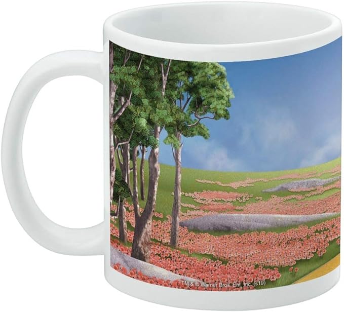 Back of the Scarecrow mug showing a tree-lined poppy field, rolling green hills, and a grey stone path under a blue sky.
