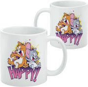 Front and back of the white Tom and Jerry Happy mug, with the design repeated on the back side.
