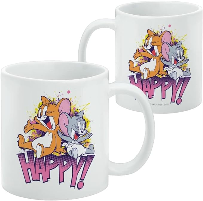 Front and back of the white Tom and Jerry Happy mug, with the design repeated on the back side.