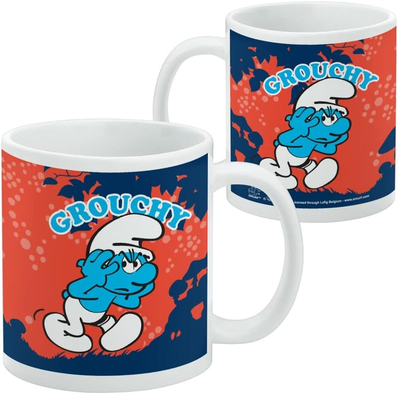 Front and back views of the Grouchy Smurf mug, with the back showing small copyright and licensing text below the design.